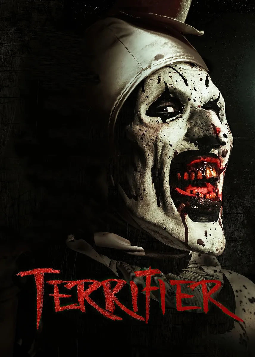 A close-up, dark portrait of a menacing clown face with blood and scars, featuring the title Terrifier.