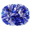 A spherical pom pom made of shiny, vibrant blue and silver shredded material.