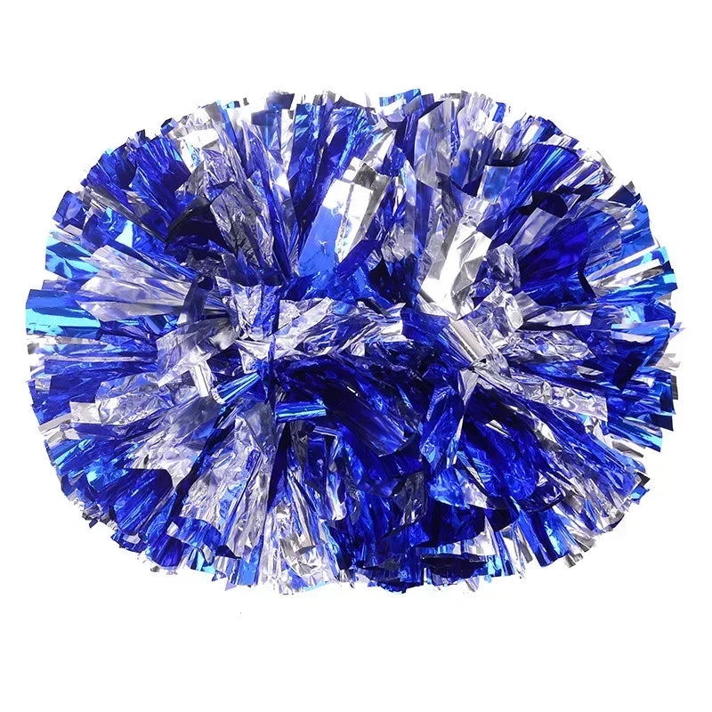 A spherical pom pom made of shiny, vibrant blue and silver shredded material.