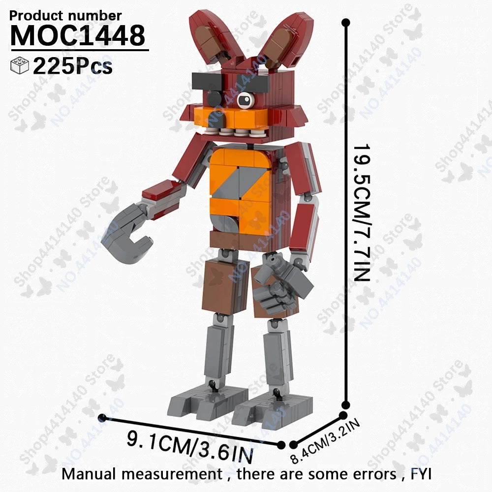 A detailed build of a Freddy Fazbear character made from building blocks, featuring red and orange colors.