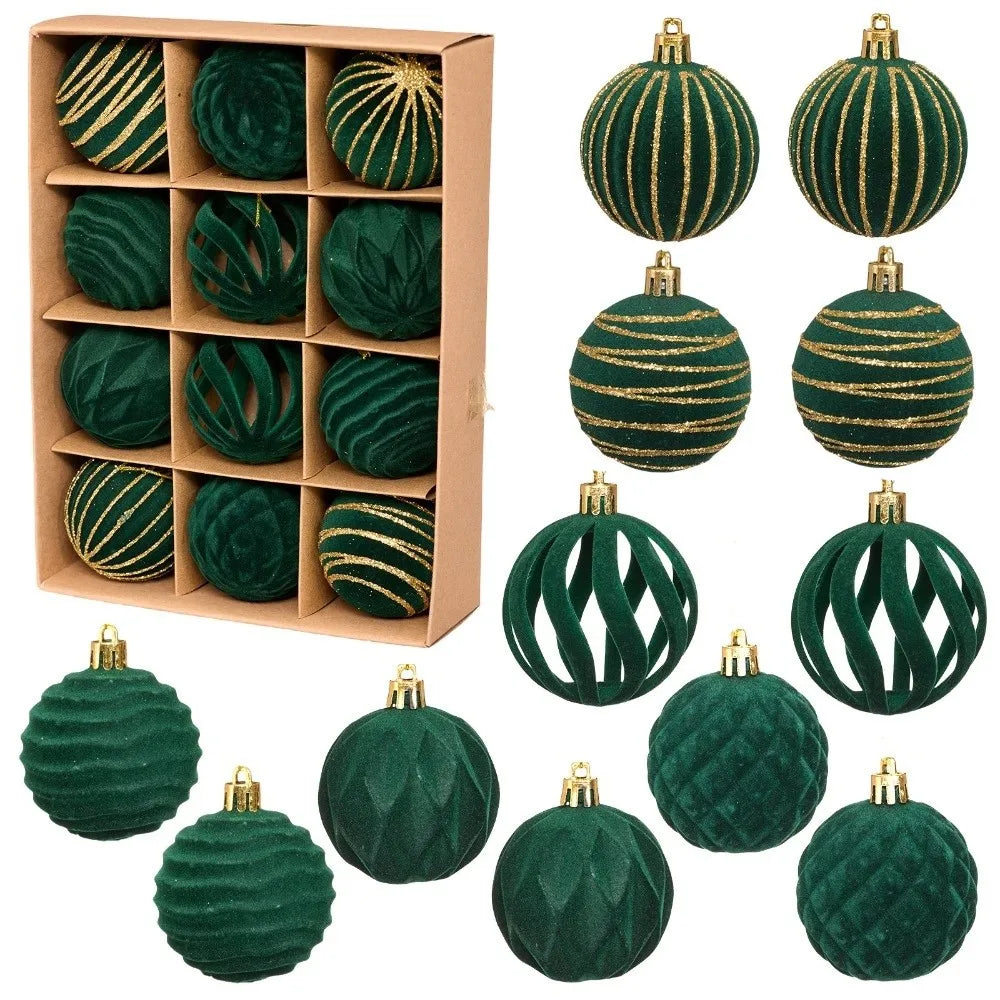 A set of twelve dark green velvet Christmas hanging ornaments with gold striped accents displayed in a cardboard box.