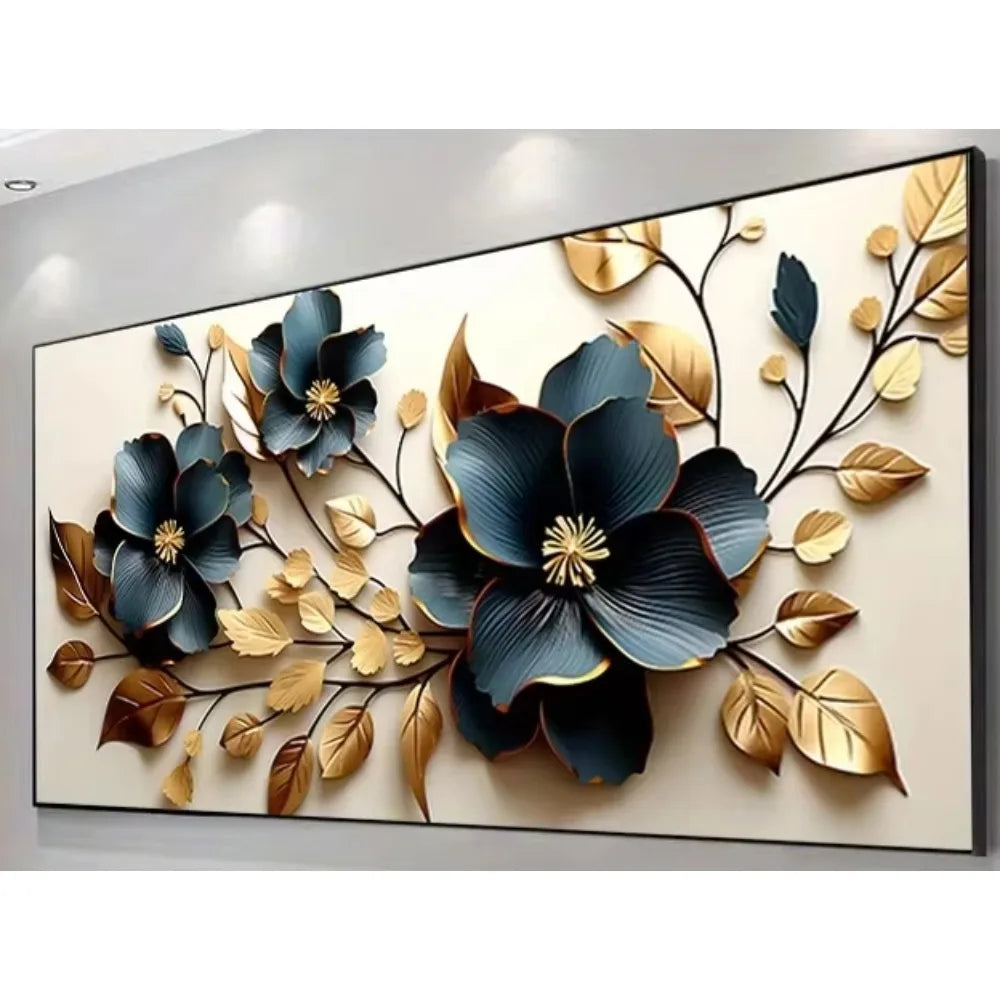 Modern golden and blue floral canvas art print featuring dark blue flowers and gold leaves on a light background