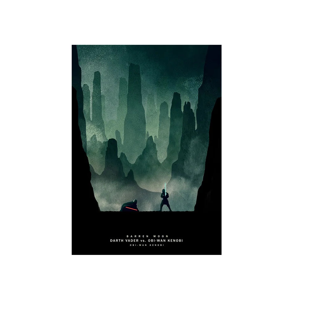 A dark, moody painting depicting a silhouette of Darth Vader facing Obi-Wan Kenobi amidst towering, shadowy landscapes.