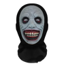 A realistic horror mesh balaclava mask with pale skin, sunken eyes, and a wide, bloody grin.