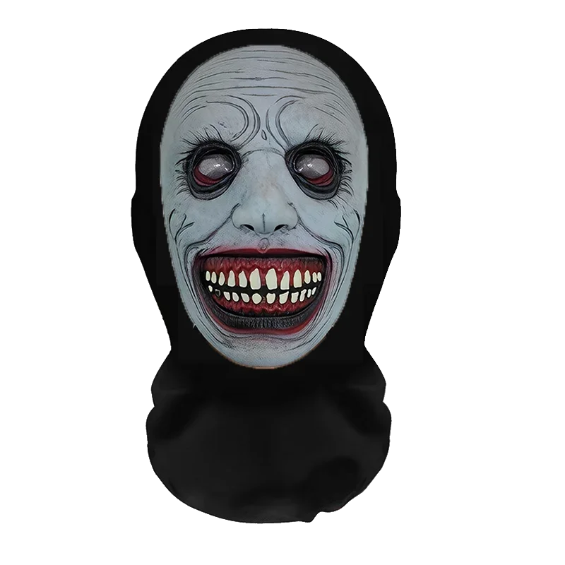 A realistic horror mesh balaclava mask with pale skin, sunken eyes, and a wide, bloody grin.