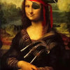 A painting of a woman dressed as a pirate with a skull hat and holding a cutlass.