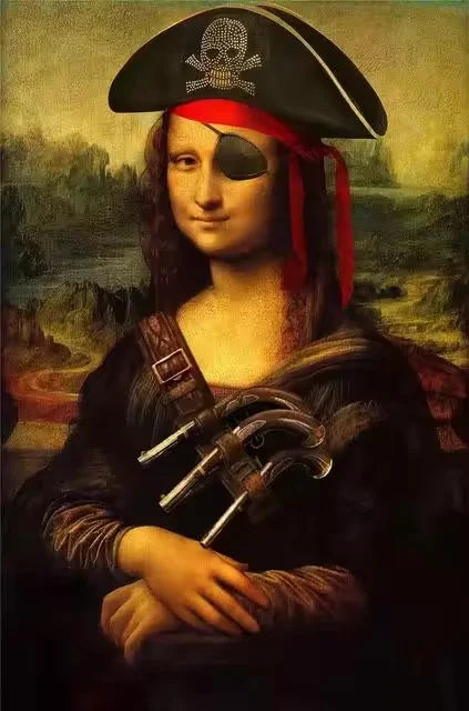 A painting of a woman dressed as a pirate with a skull hat and holding a cutlass.
