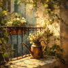 A still life painting featuring a copper teapot and flowers set against an old stone wall with climbing greenery.