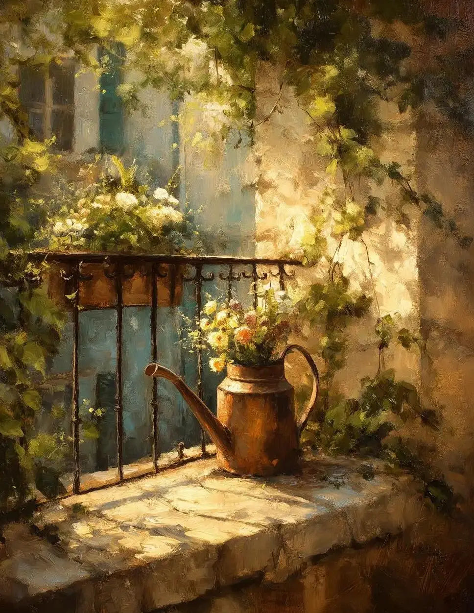 A still life painting featuring a copper teapot and flowers set against an old stone wall with climbing greenery.