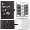 A black leather savings challenge tracker featuring a grid for 100 envelopes and a matching binder.