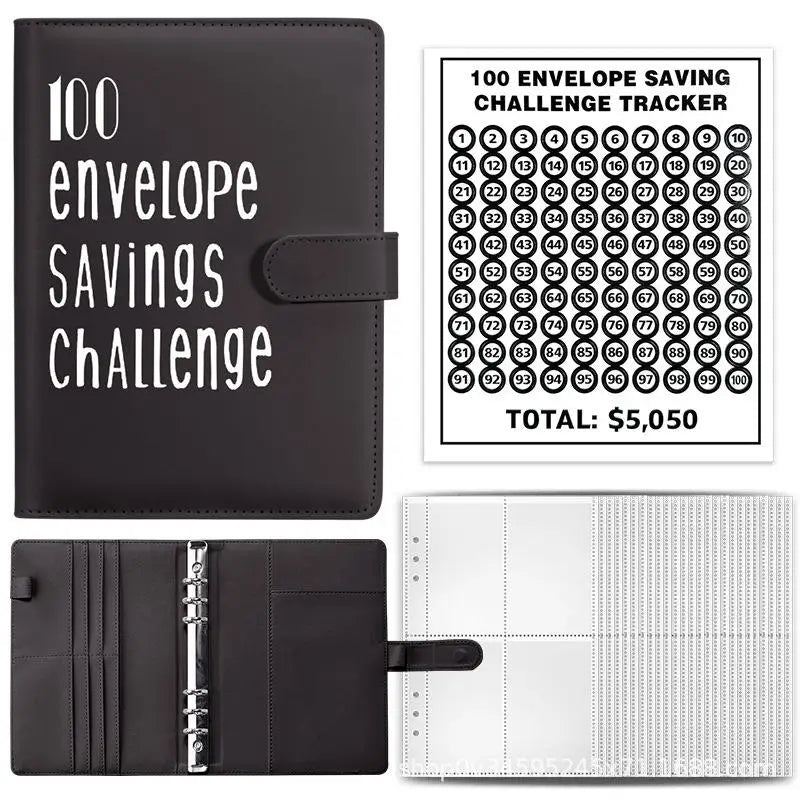 A black leather savings challenge tracker featuring a grid for 100 envelopes and a matching binder.