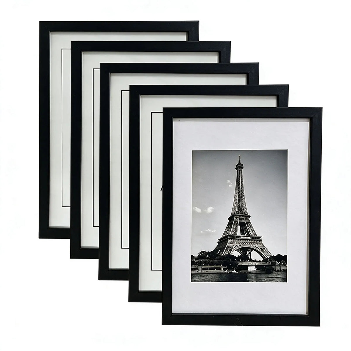 A set of five black and white photo frames in varying sizes, displaying the Eiffel Tower.