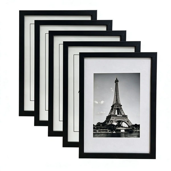 A set of five black and white photo frames in varying sizes, displaying the Eiffel Tower.