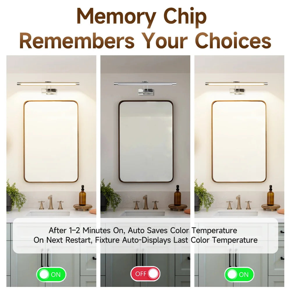 Three versions of an LED mirror light fixture showing ON and OFF states for memory chip features.