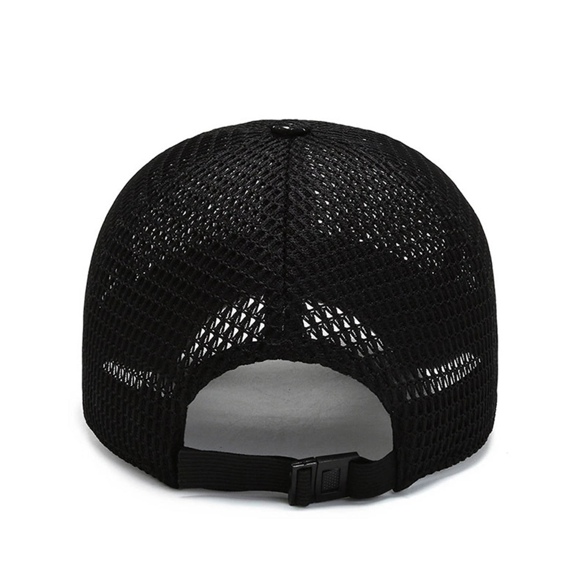 Black breathable mesh baseball cap shown from the front view