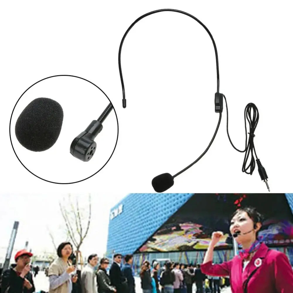 A black wired headset microphone with a flexible cable and a detachable foam microphone element.