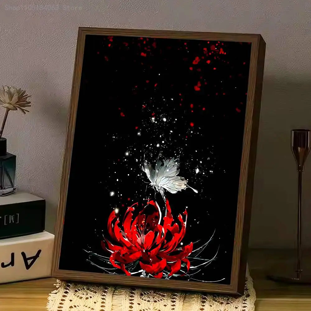 A framed poster featuring a red spider lily with white accents against a black background.