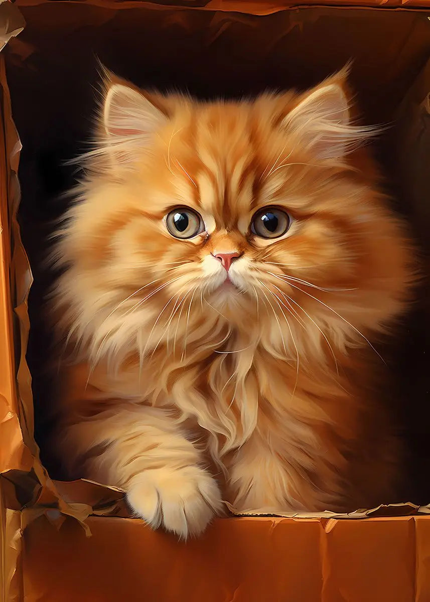 A fluffy orange Persian kitten with large blue eyes is nestled in brown crinkled paper.