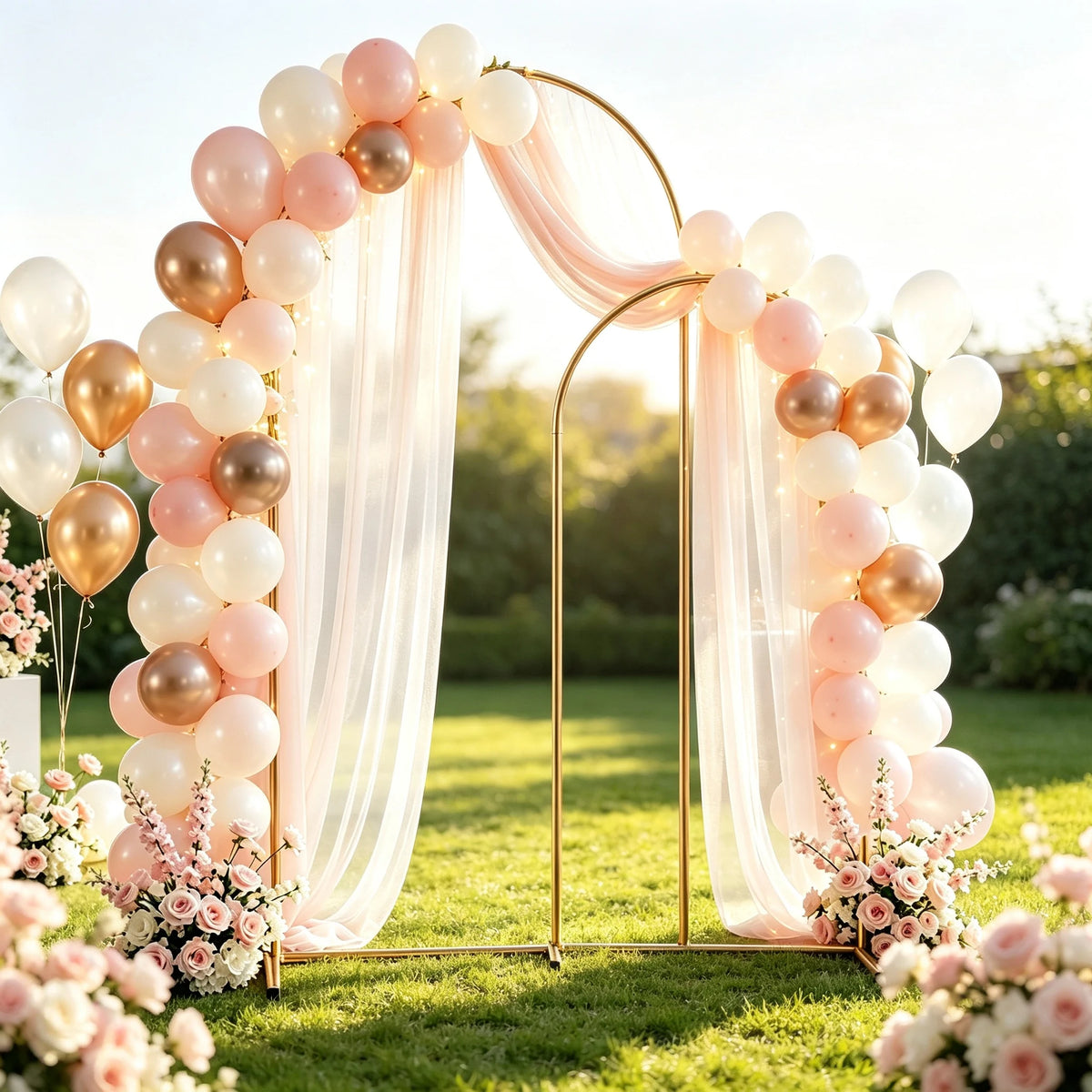 A gold metal arch backdrop stand set featuring pink and cream balloons and sheer drapery outdoors.
