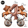 A set of foil horse number balloons shaped like the letter A, featuring a brown horse and decorative wooden wheels.