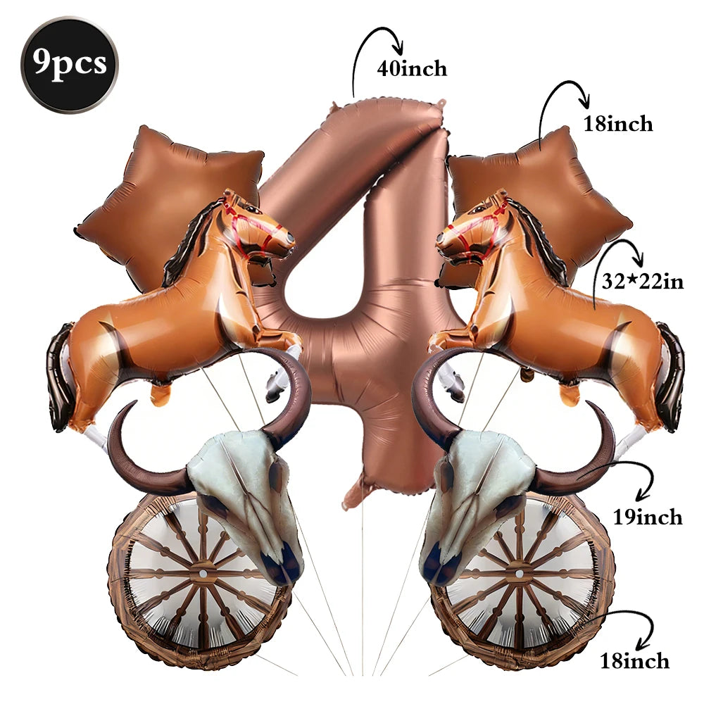 A set of foil horse number balloons shaped like the letter A, featuring a brown horse and decorative wooden wheels.
