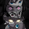 A vertical collage of intense anime eyes featuring various colors and expressions.