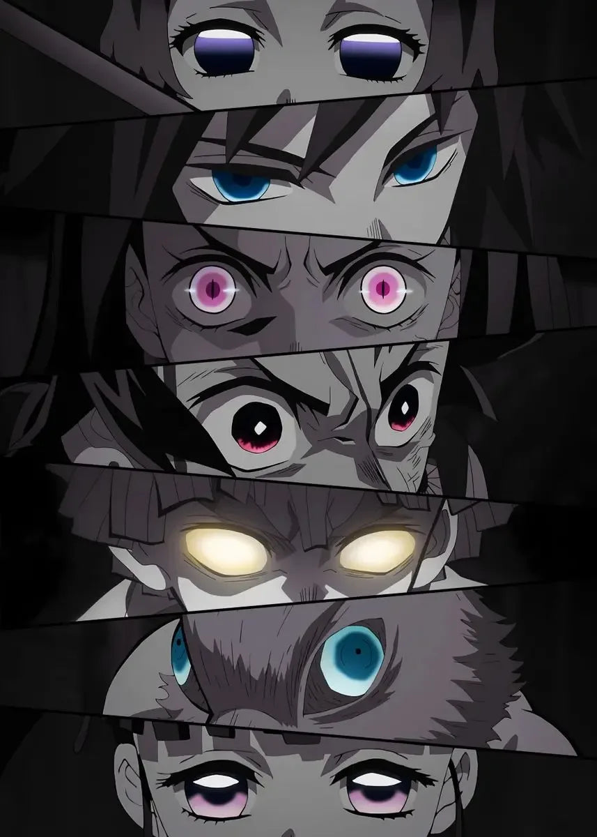 A vertical collage of intense anime eyes featuring various colors and expressions.