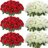 A collection of artificial silk rose bouquets in vibrant red and pure white colors.