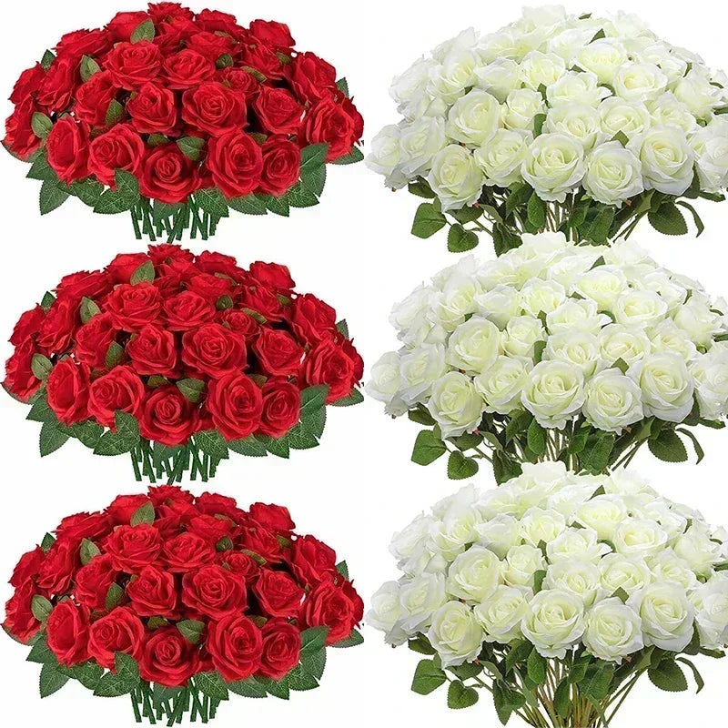 A collection of artificial silk rose bouquets in vibrant red and pure white colors.