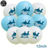 Ten blue and white shark foil balloons for an ocean-themed party decoration