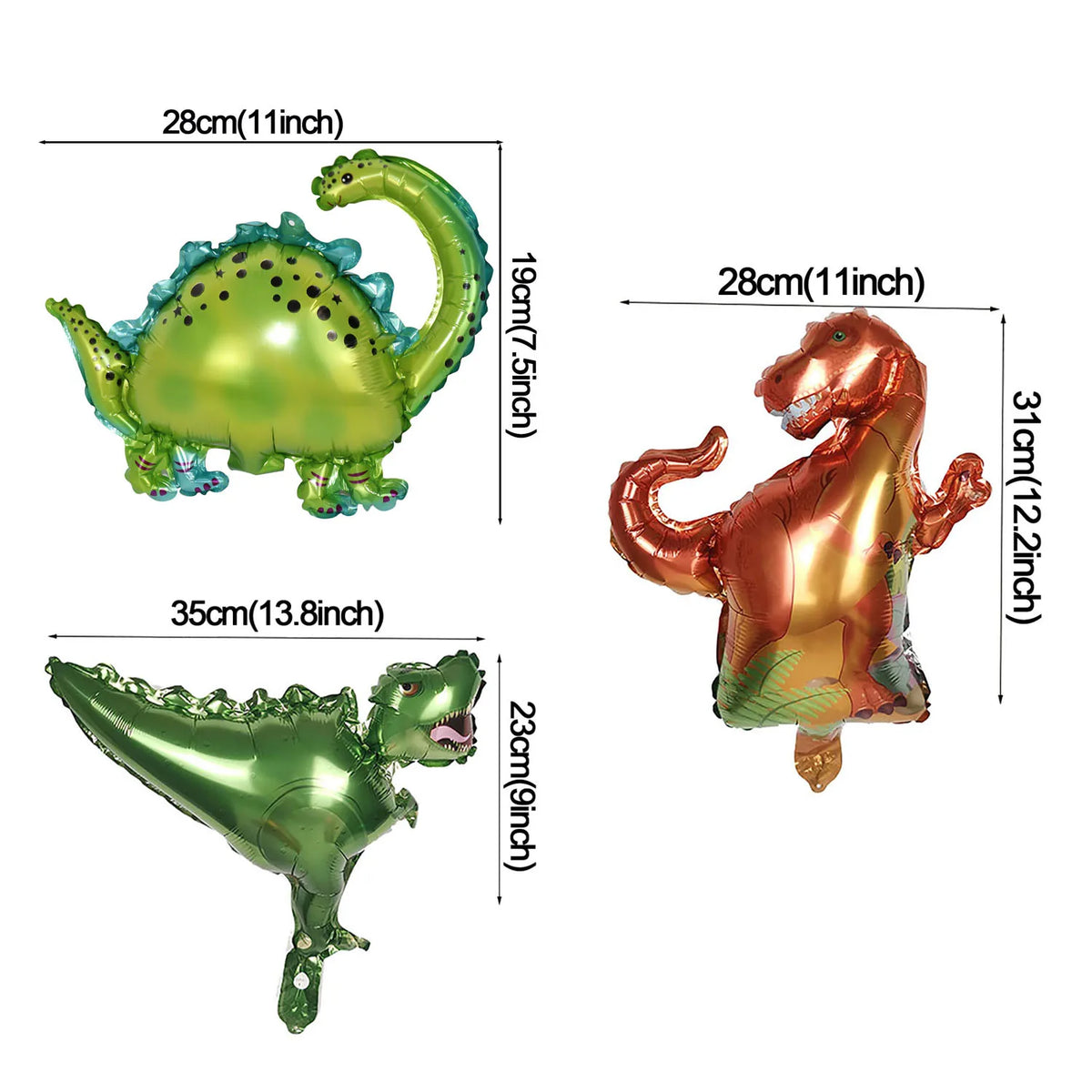 A set of inflatable dinosaur balloons in avocado green and copper colors for birthday decoration.