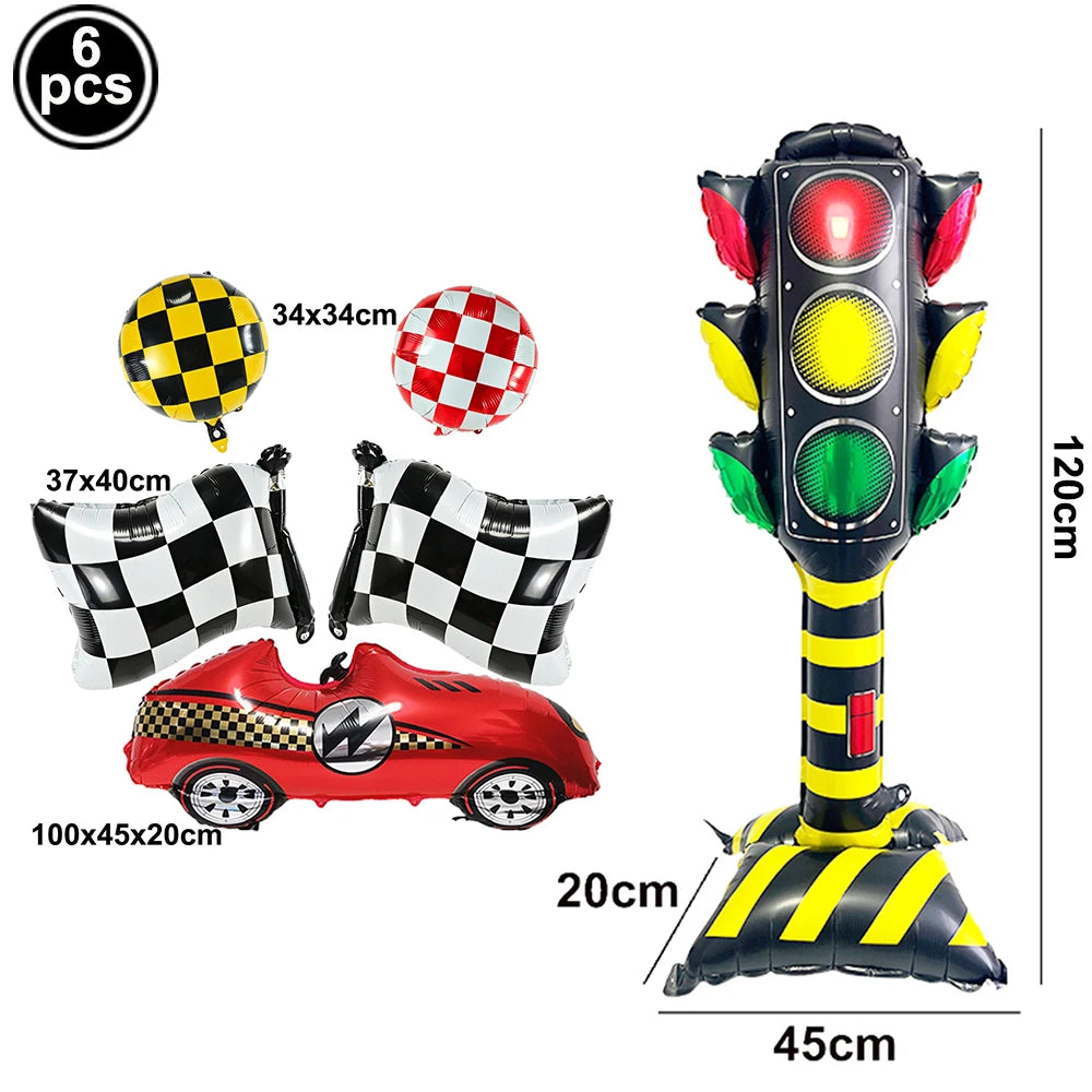 Race Car Birthday Party Balloon Decoration Set with Traffic Lights, Cones & Checkered Flags