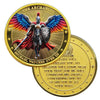 A gold medal coin featuring a winged warrior figure of Saint Michael the Archangel.