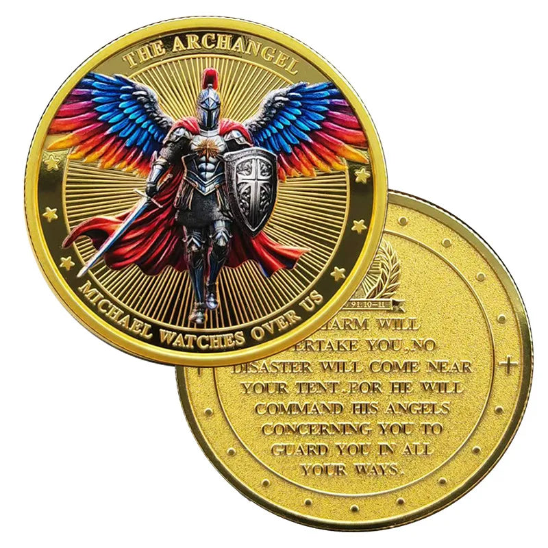 A gold medal coin featuring a winged warrior figure of Saint Michael the Archangel.