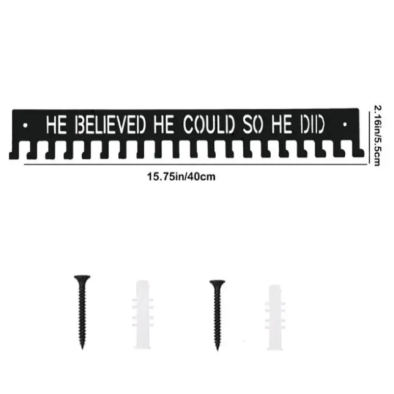 A black wall-mounted metal medal display rack with 18 teeth, measuring 15.75 inches long.