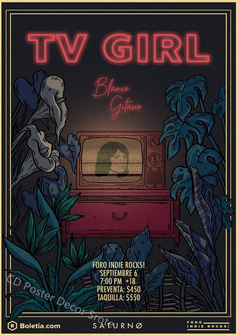 A vintage poster design for a music event featuring the text TV GIRL and details about an indie rock show.