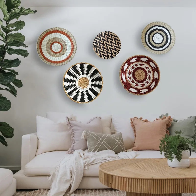 Bohemian straw wall decor featuring circular woven patterns in natural and earthy tones.