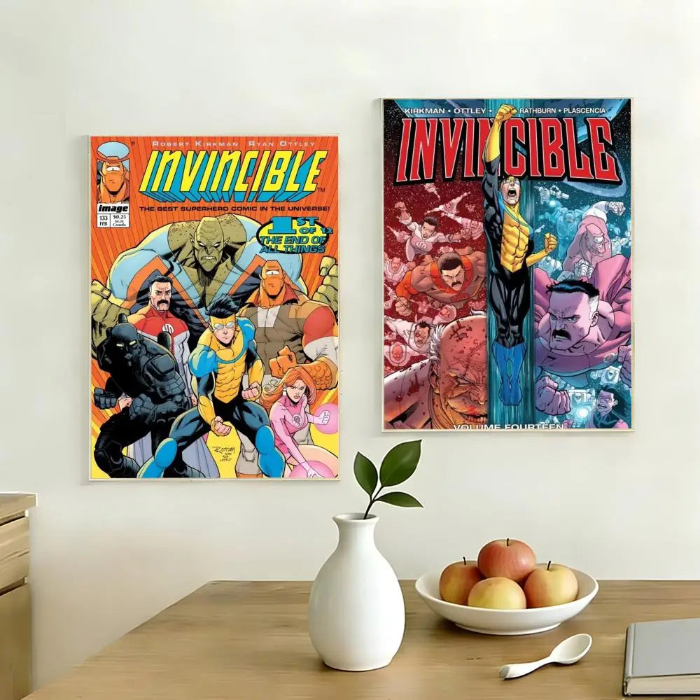 A poster featuring the title INVICTIBLE with characters from the Invincible series in a comic book style.