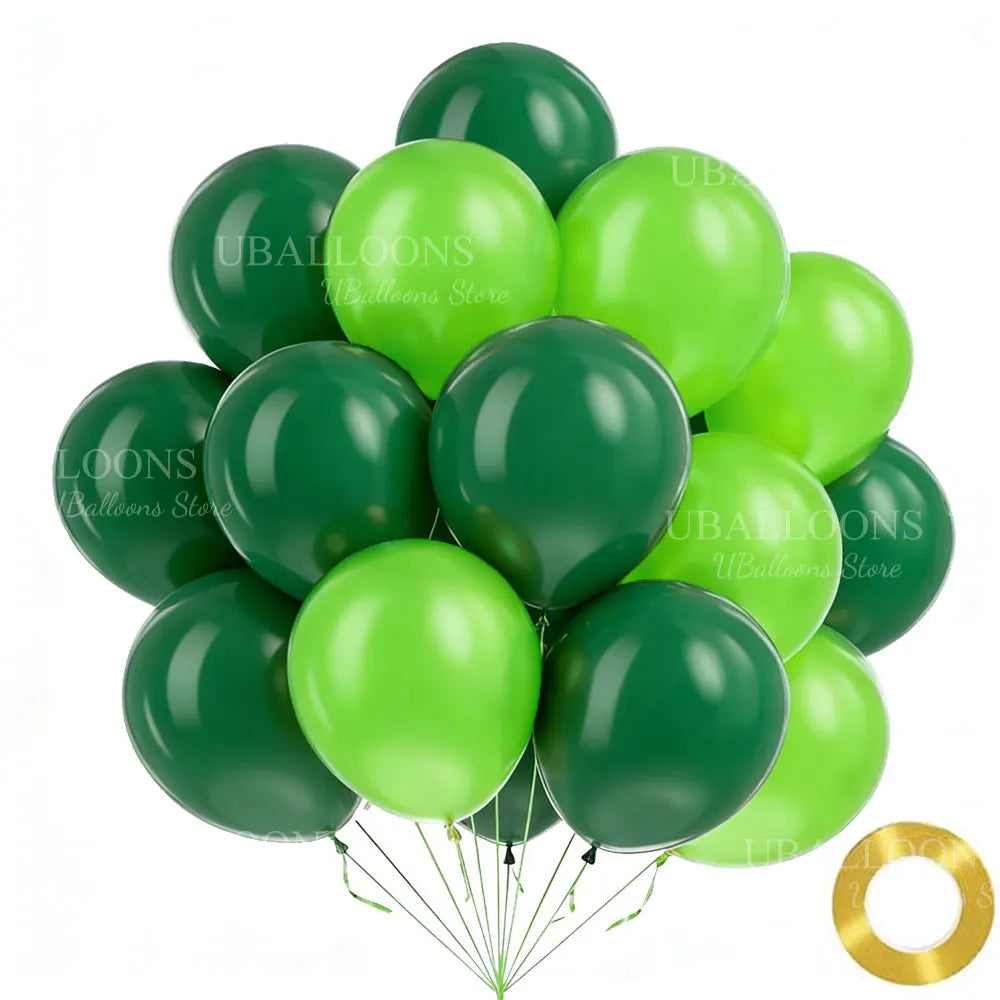 A cluster of chrome gold and dark green balloons in various sizes.