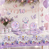 A purple and pink butterfly theme disposable party set featuring balloons, decorations, and floral accents.