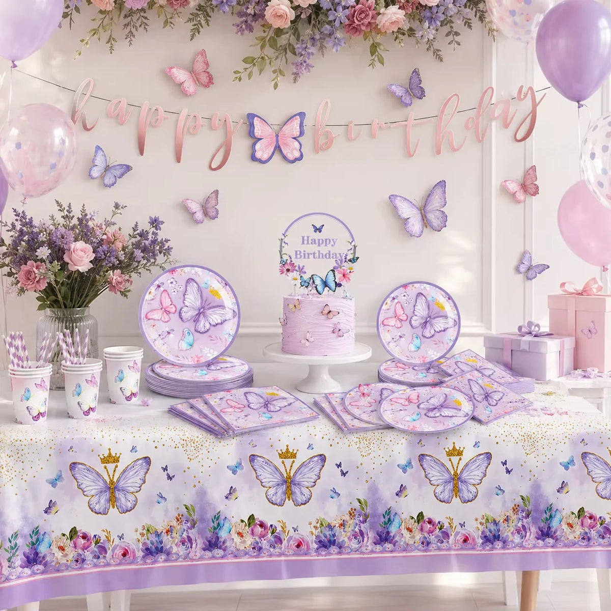 A purple and pink butterfly theme disposable party set featuring balloons, decorations, and floral accents.