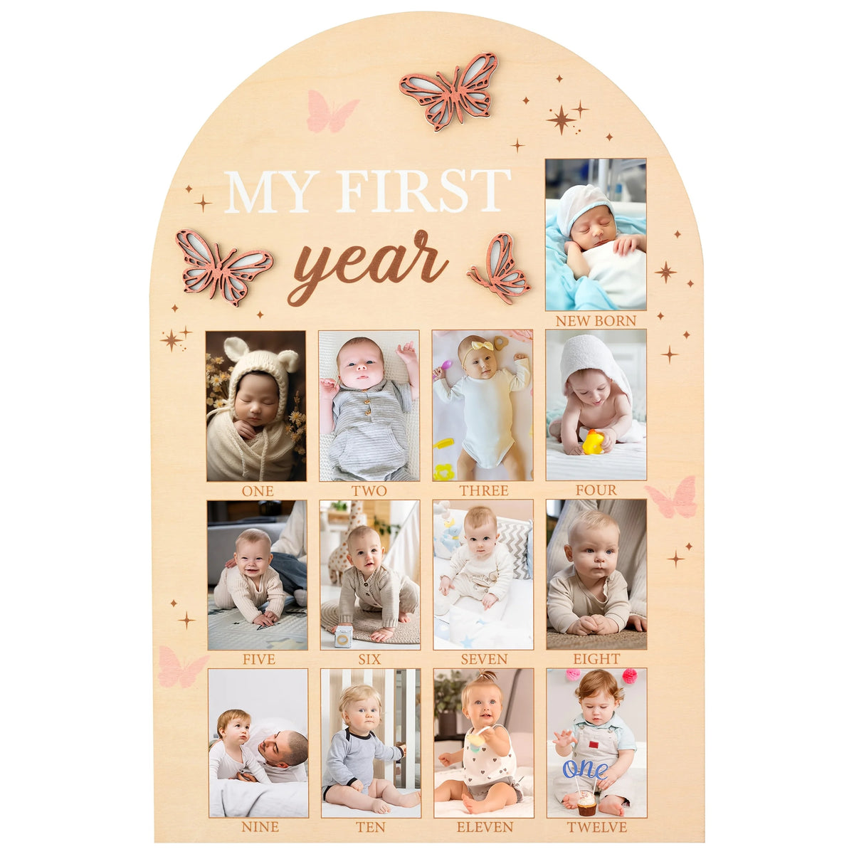 A wooden milestone board featuring photos and markers for a baby's first year, showing milestones from newborn to twelve mont