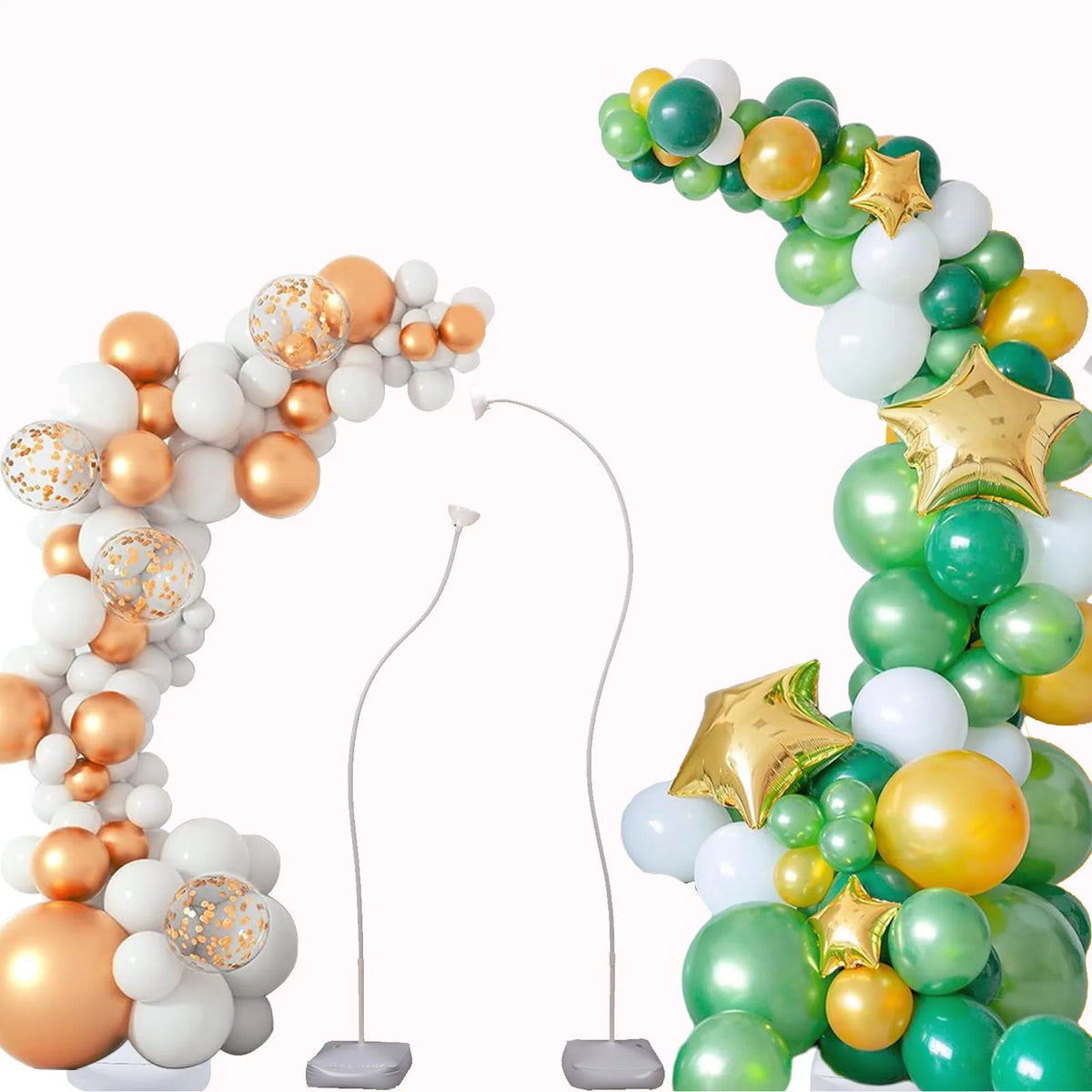 A balloon arch kit featuring white, gold, and lime green balloons arranged on a stand for weddings and parties.