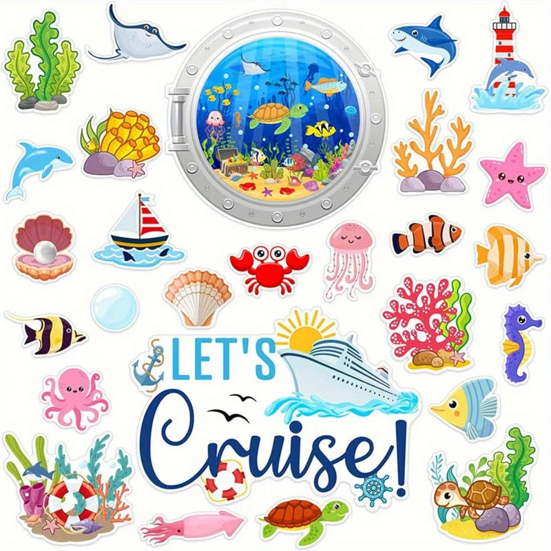 A collection of colorful ocean-themed fridge magnets featuring sea creatures, coral, and a submarine.