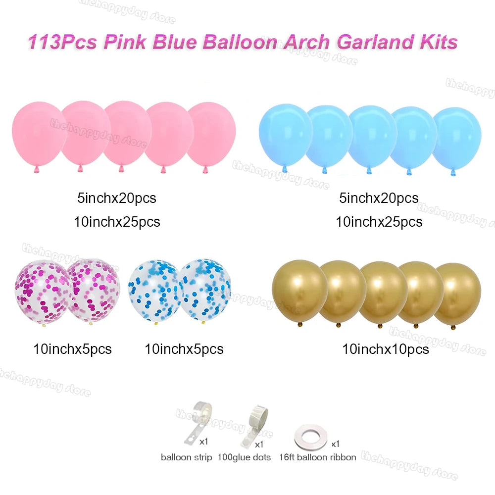 Ein Set mit rosa und blauen Ballons, verschiedenen Größen sowie einem Ballonstreifen und einer Schleife.