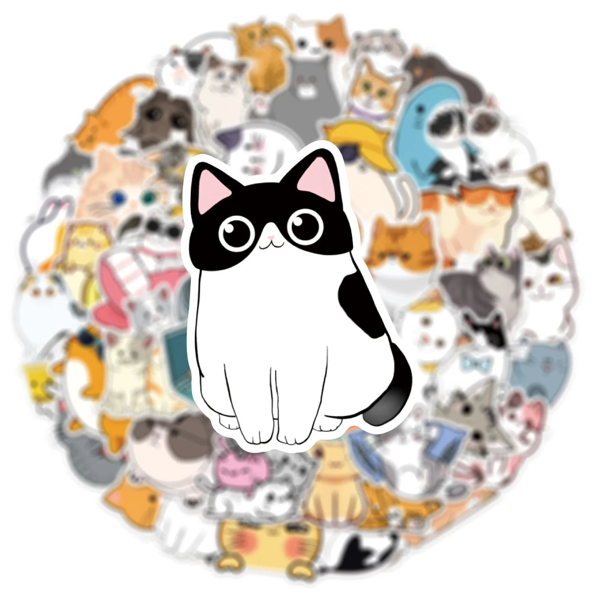 A circular collage of various cute cartoon cat stickers and illustrations.