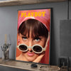 A vintage art print poster featuring a close-up portrait of a woman wearing round sunglasses and a pink flower motif.