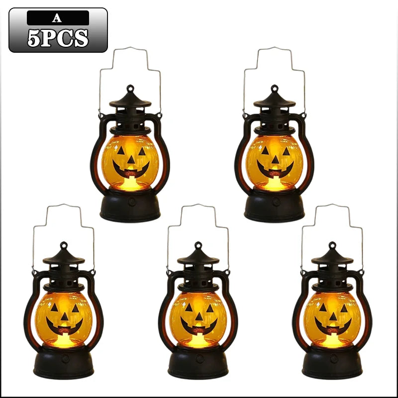 Five DIY Halloween pumpkin lanterns with LED projection effects.