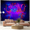 A vibrant purple and neon blue tapestry featuring a stylized gaming zone text on a brick wall background.