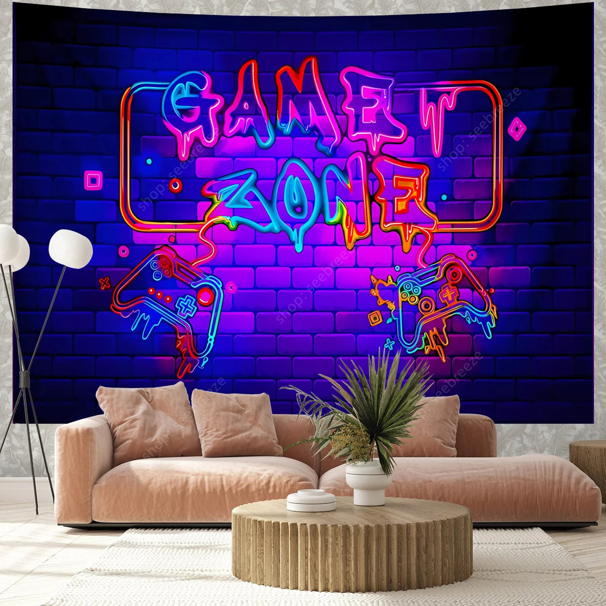 A vibrant purple and neon blue tapestry featuring a stylized gaming zone text on a brick wall background.